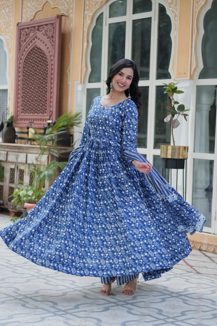 Pure Blue Cotton Long Kurta Set with Elastic Bottom and Dupatta