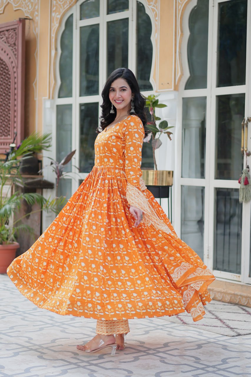 Pure Cotton Yellow Kurta Set with Fancy V Neck and Dupatta