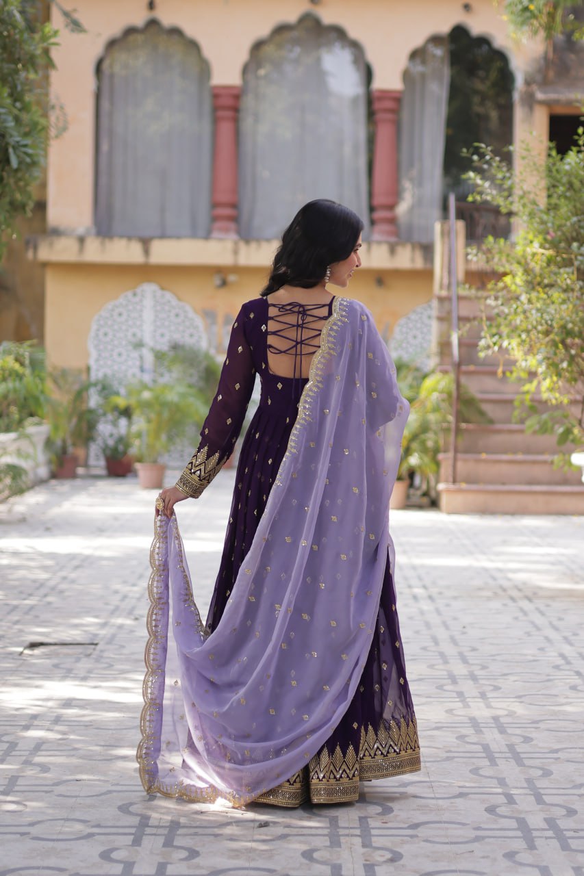 Luxury Faux Blooming Embroidered Zari Sequins Gown with Tabby Silk Cutwork Dupatta