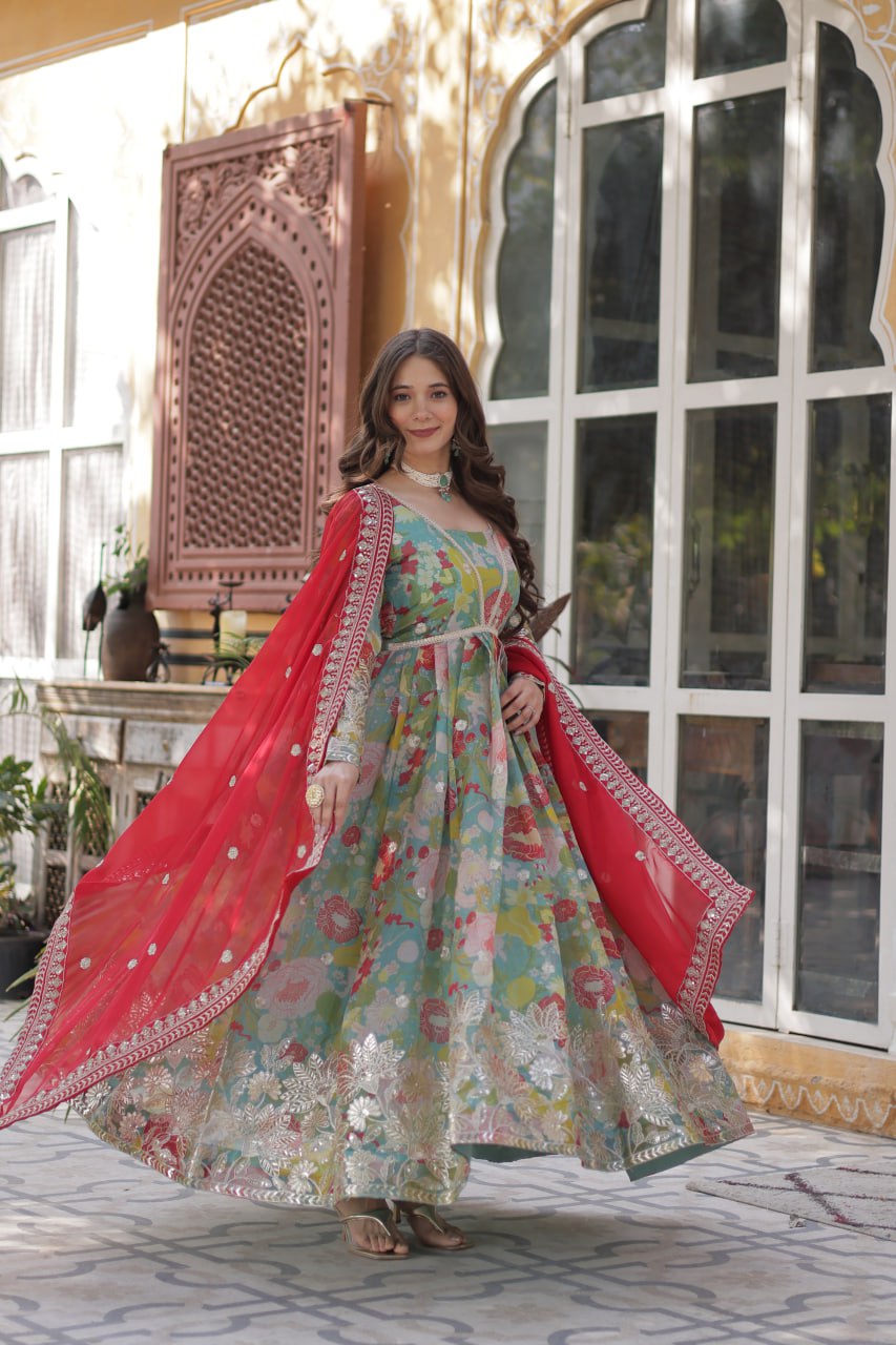 Digital Printed Russian Silk Top with Foil Embroidery Zari Sequins Work and Designer Lace Border Dupatta