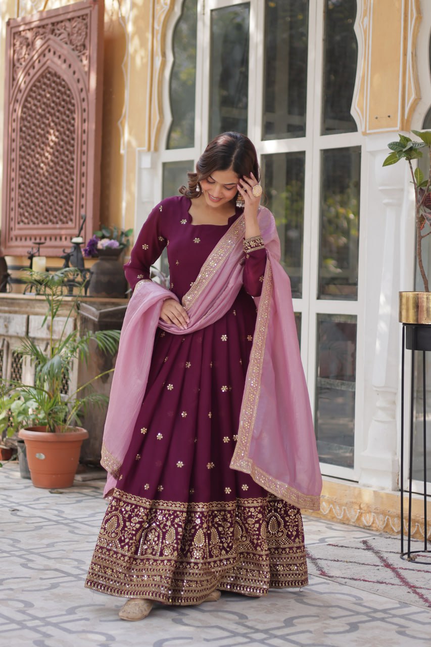 Elegant Star Georgette Purple Gown with Zari Sequins Embroidery and Gold Crush Dupatta