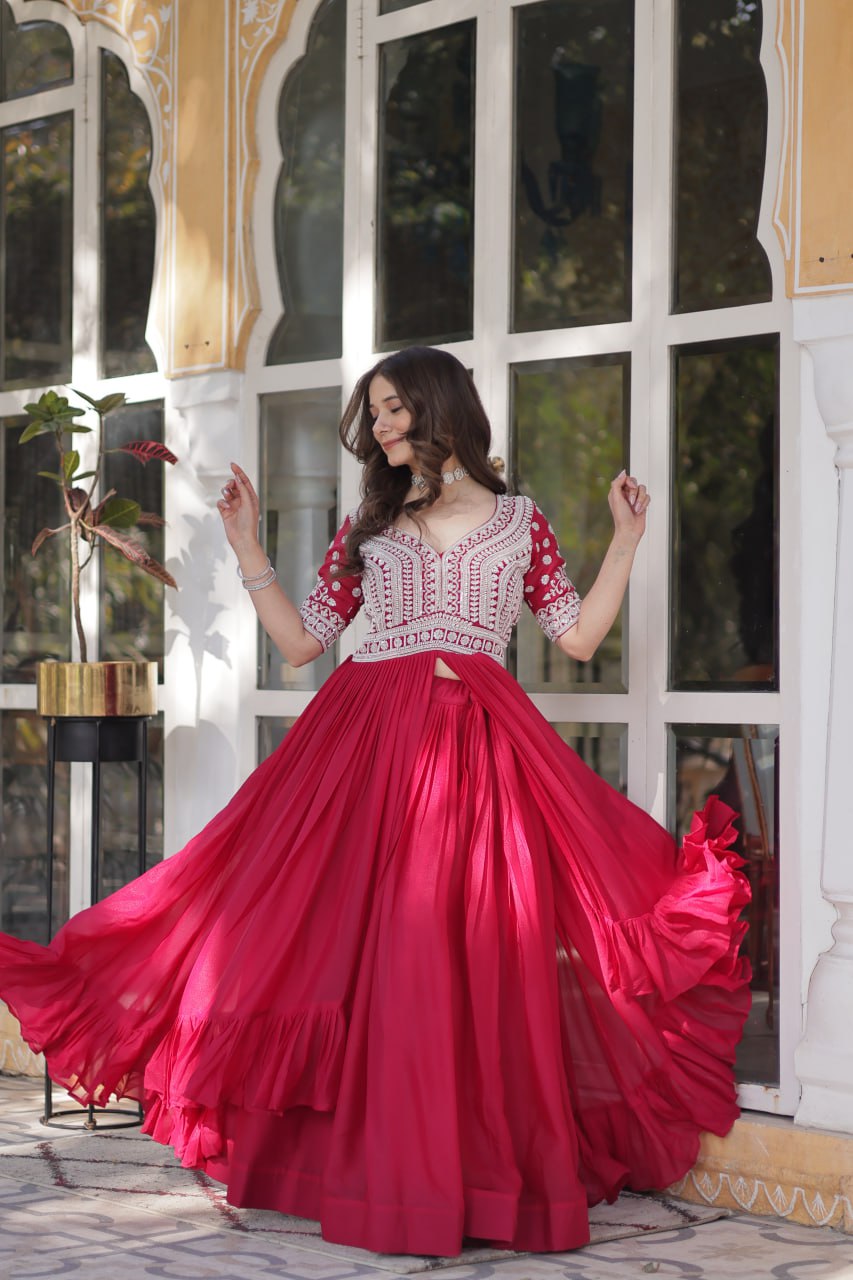 Designer Star Georgette Pink Kurti with Lehenga Set Embellished with Beads and Sequins Work