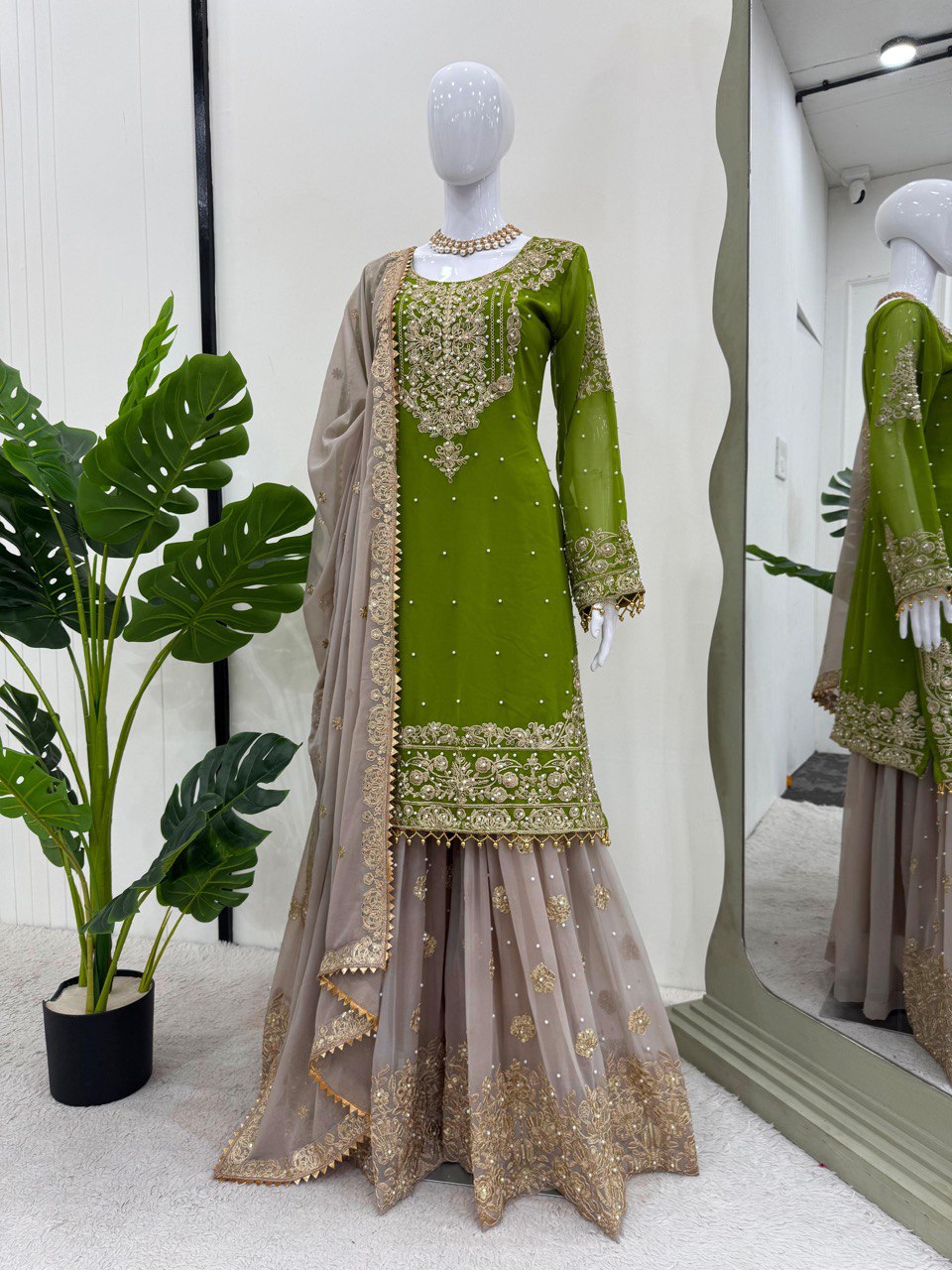 Designer Faux Georgette Green Suit Set with Sharara & Dupatta - Coding & Sequins Work, Pearl Embellishments, and Fancy Lace