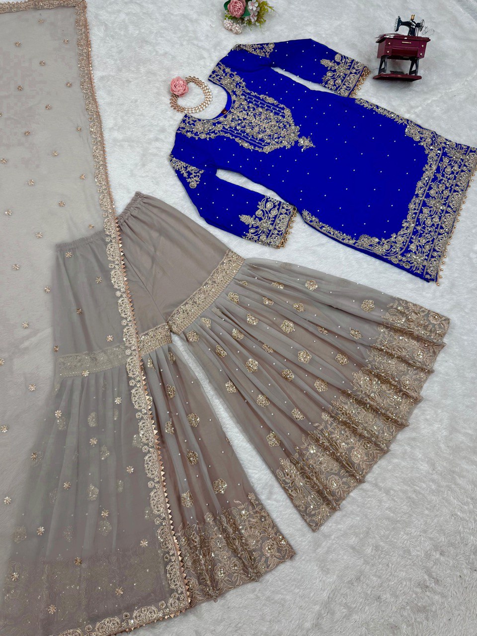 Designer Faux Georgette Blue Suit Set with Sharara & Dupatta - Coding & Sequins Work, Pearl Embellishments, and Fancy Lace