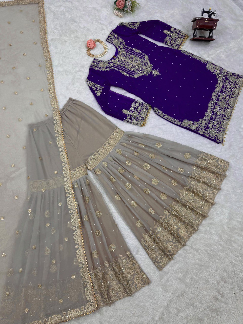 Designer Faux Georgette Purple Suit Set with Sharara & Dupatta - Coding & Sequins Work, Pearl Embellishments, and Fancy Lace