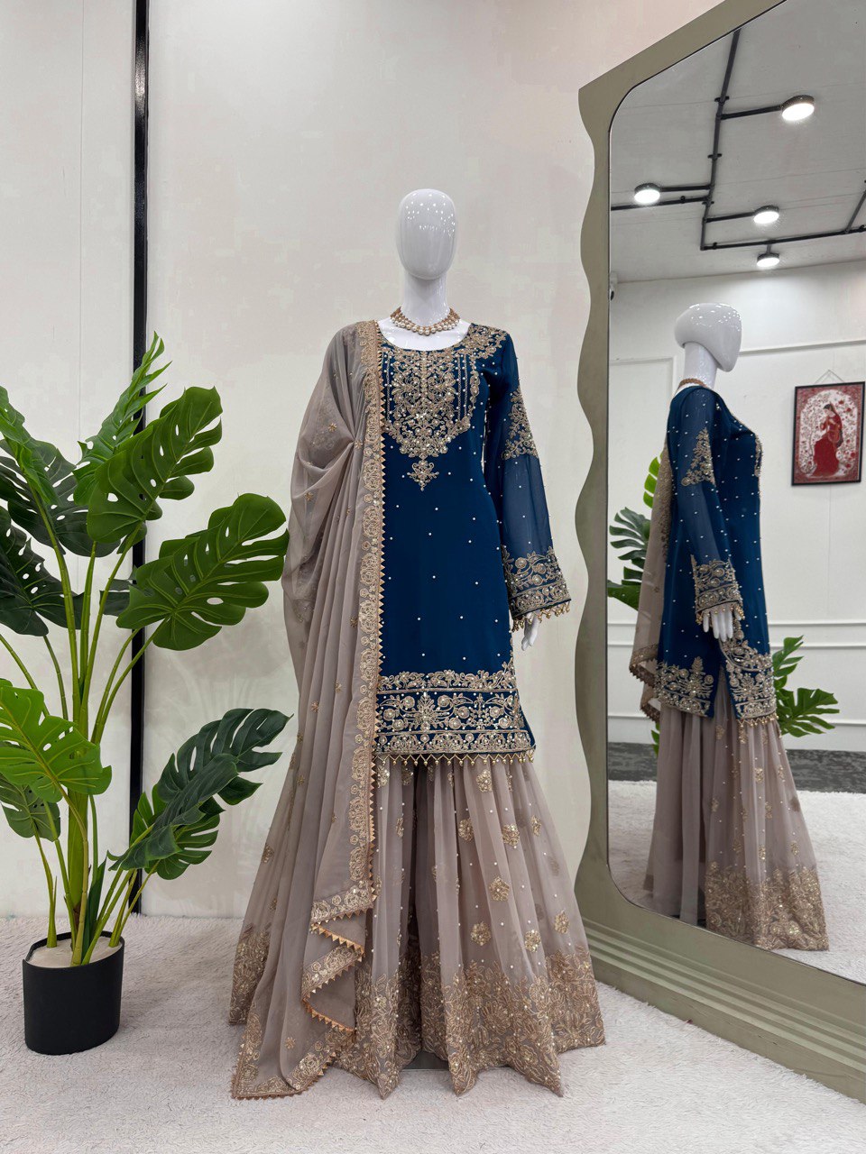 Designer Faux Georgette Bottle Green Suit Set with Sharara & Dupatta - Coding & Sequins Work, Pearl Embellishments, and Fancy Lace