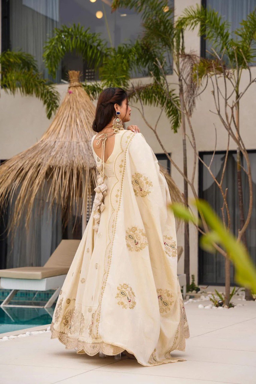 Elegant Chinon Silk Off-White Gown with Coding and Sequins Work and Matching Dupatta – Party & Festive Wear