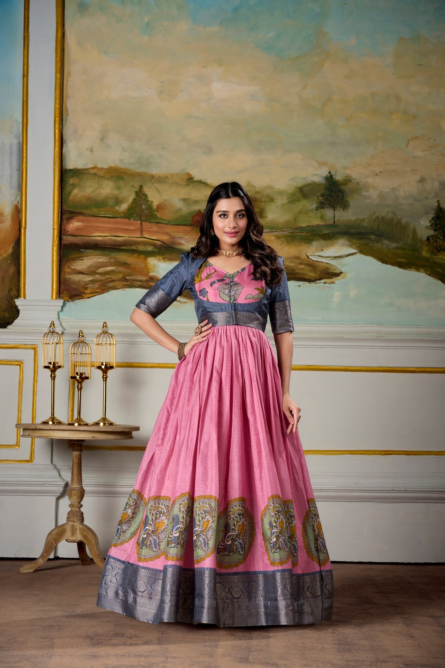 Elegant Dola Silk Kalamkari Print Pink Gown with Zari Weaving Koti | Ethnic Wear for Women