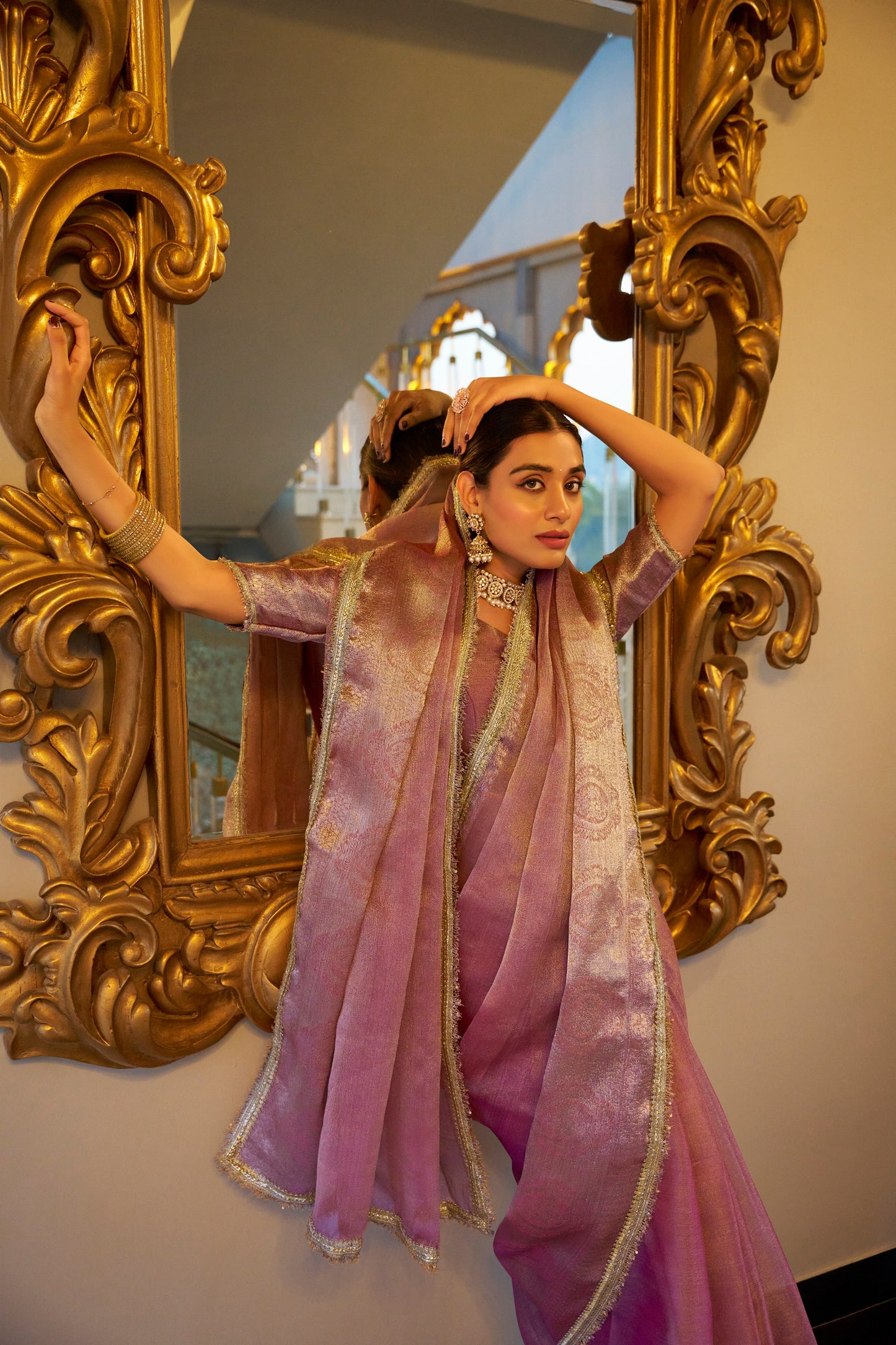 Tissue Shimmer Light Pink Saree with Zari Weaving and Sequins Lace Border