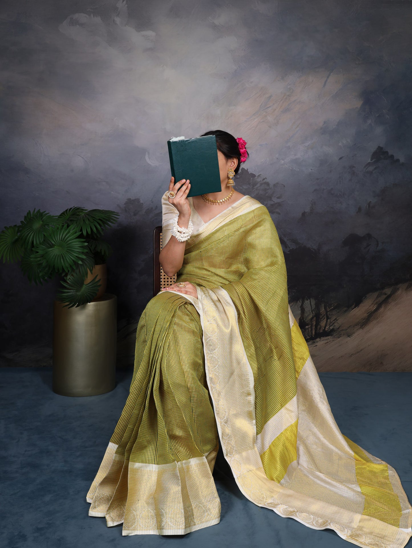 Jacquard Chex Green Saree with Zari Weaving and Unstitched Blouse