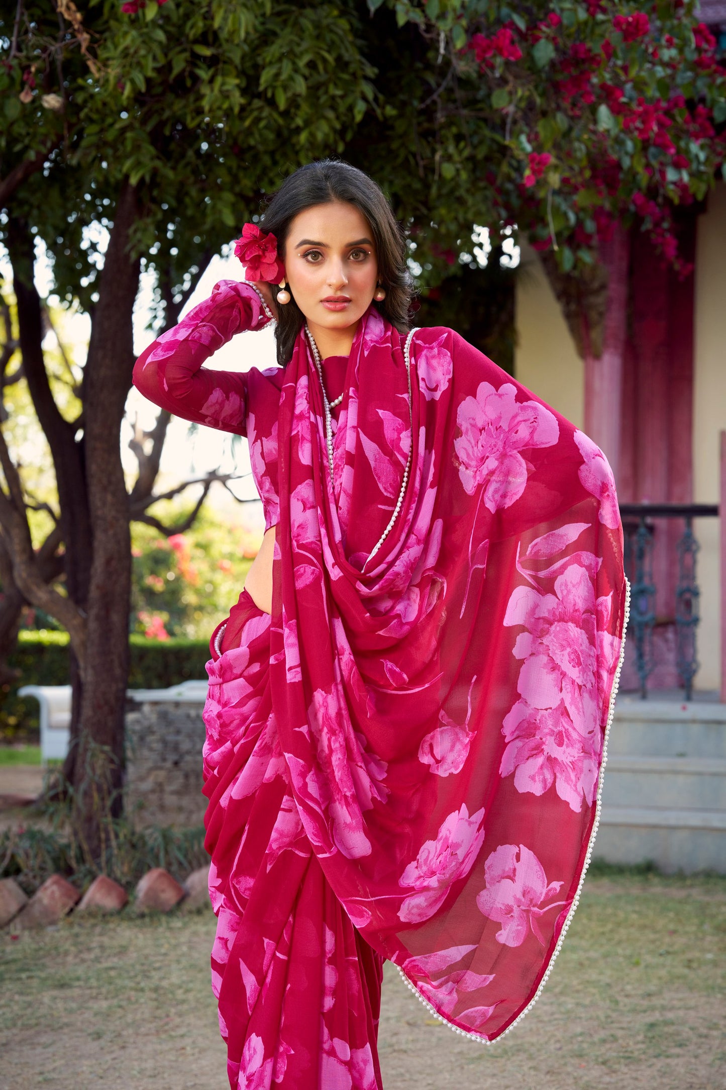 Elegant Floral Printed Pink Chiffon Saree with Pearl Lace Border and Matching Blouse