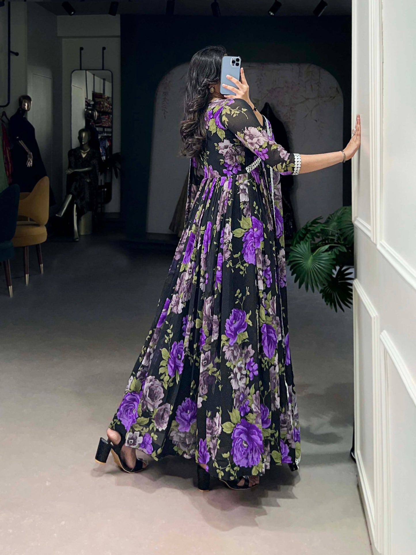 Floral Printed Georgette Purple Gown with Peper Mirror Lace Touch-Up and Dupatta