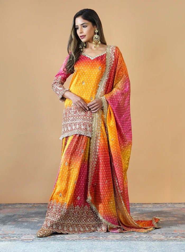 Chinon Silk Digital Print Co-Ord Set with Real Mirror Work & Lace Dupatta