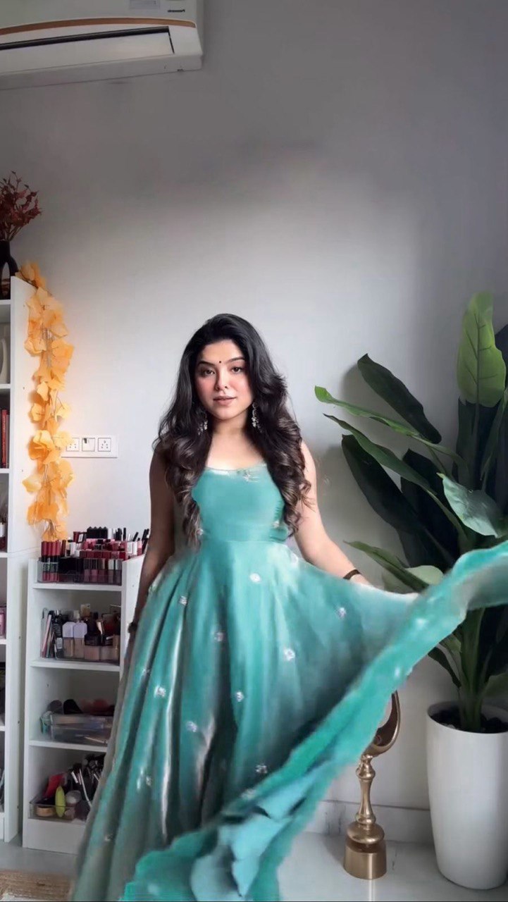 Fandy Silk Thread Work Gown with Sequins and Organza Dupatta