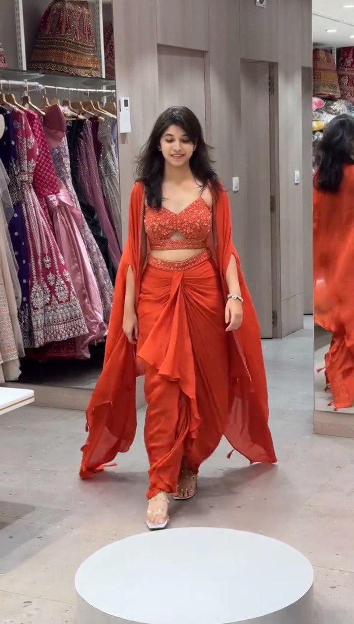 Oranage Satin Silk Thread Work Choli, Dhoti, and Shrug Set with Sequins