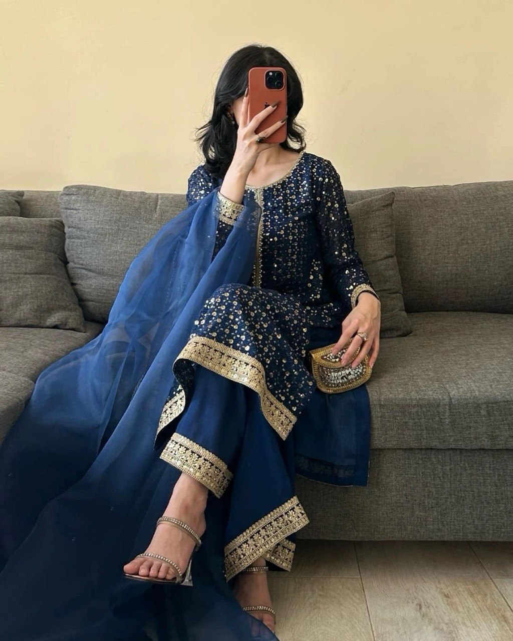 Foux Gorgette Thread Work Suit with Sequin Detailing and Butterfly Net Dupatta