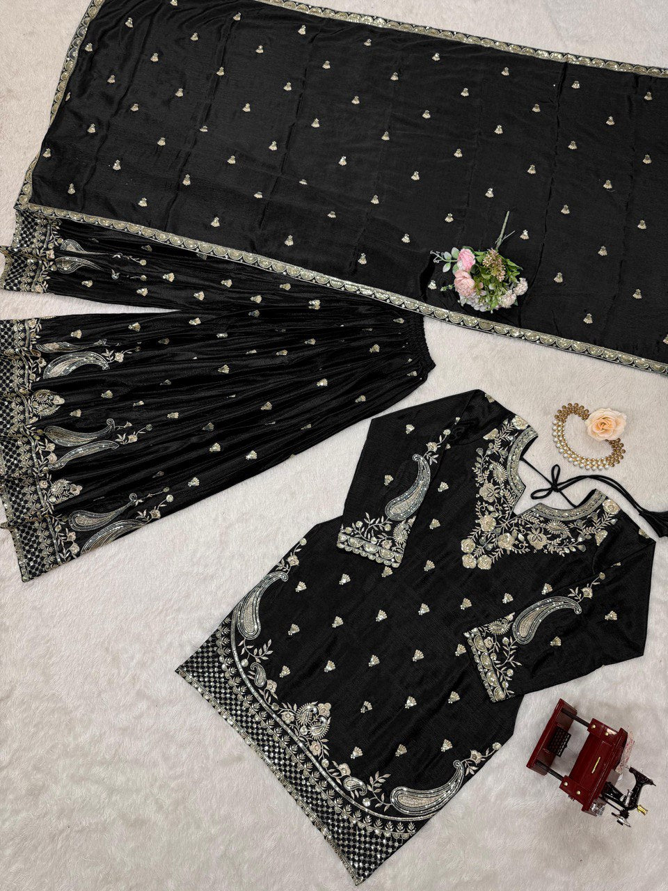 Black Chinon Silk Thread Work Suit with Sequins and Lace Border Dupatta