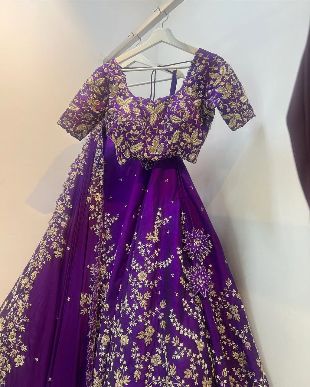 Purple Foux Gorgette Semi-Stitched Lehenga Set with 4 Meter Flair and Sequin Work