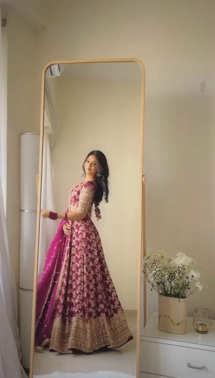 Purple Jequard Semi-Stitched Lehenga Set with Sequins and 4 Meter Flair