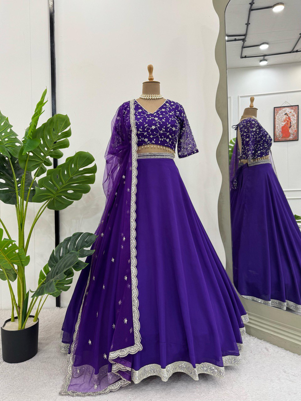 Purple Faux Georgette Semi-Stitched Lehenga Set with 4.5 Meter Flair & Cutwork Dupatta