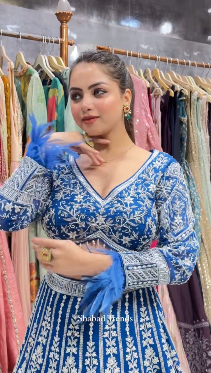 Blue Faux Georgette Semi-Stitched Lehenga Set with Coding Dori & Sequin Work