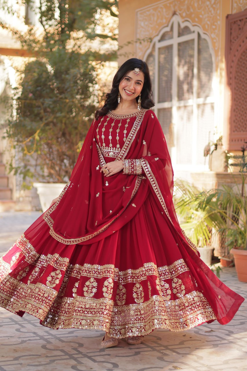 Red Faux Blooming Embroidered Gown with Dupatta – Zari & Sequin Work