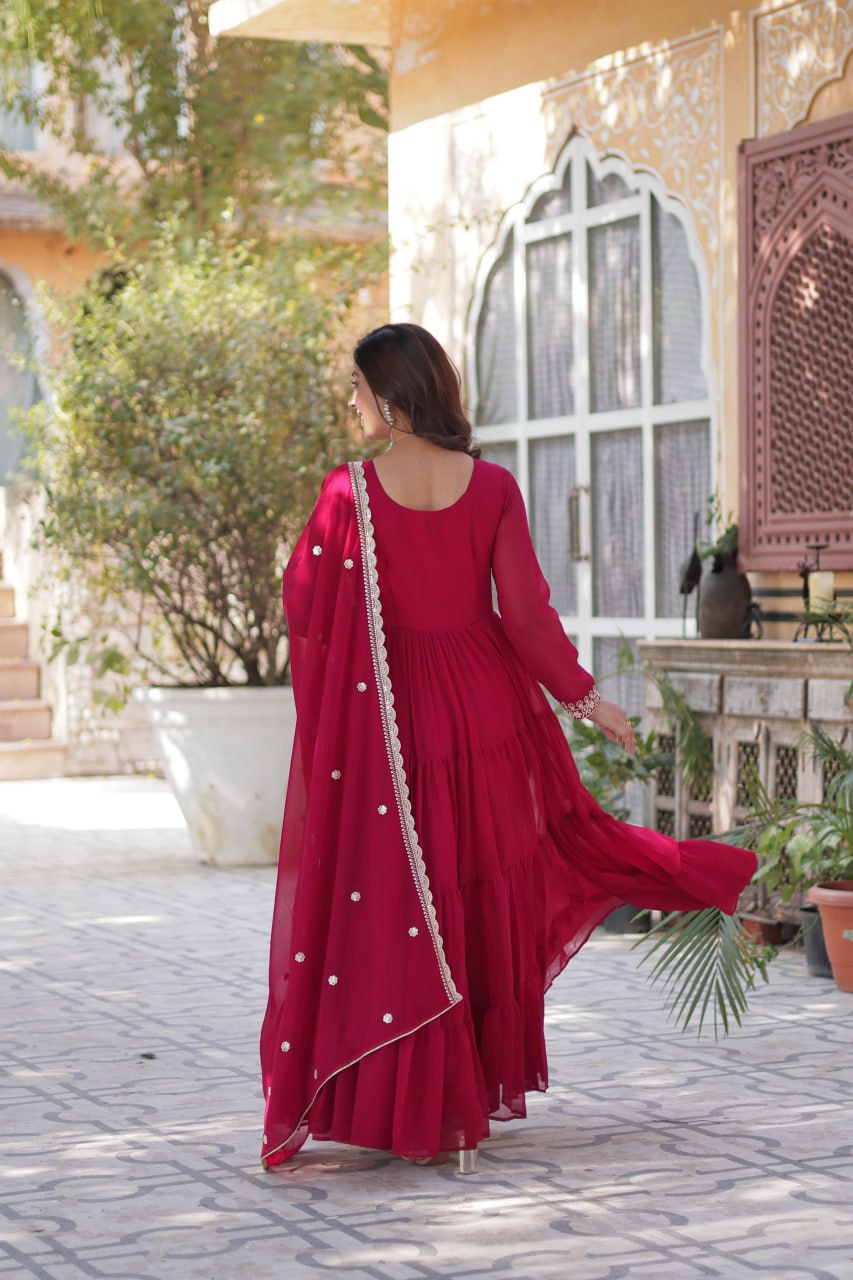 Rani Pink Faux Blooming Georgette Gown with Pearl Embroidery & Dupatta