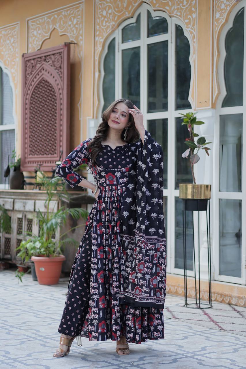 Pure Cotton Navy Blue Suit Set with Fancy Round Neck – Elegant Everyday Wear