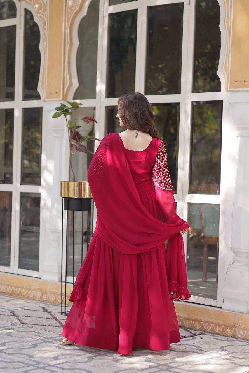Red Embroidered Faux Blooming Georgette Gown with Dupatta