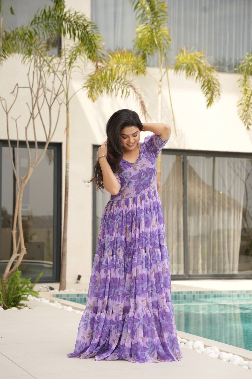 Printed Faux Georgette Purple Gown with Fancy V Neck – 12 Meter Flair Elegance
