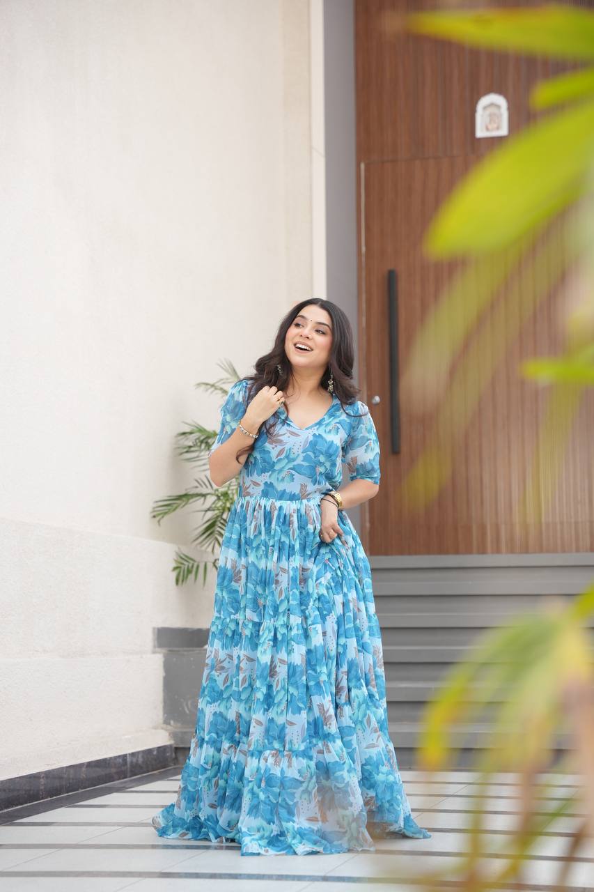 Printed Faux Georgette Blue Gown with Fancy V Neck – 12 Meter Flair Elegance