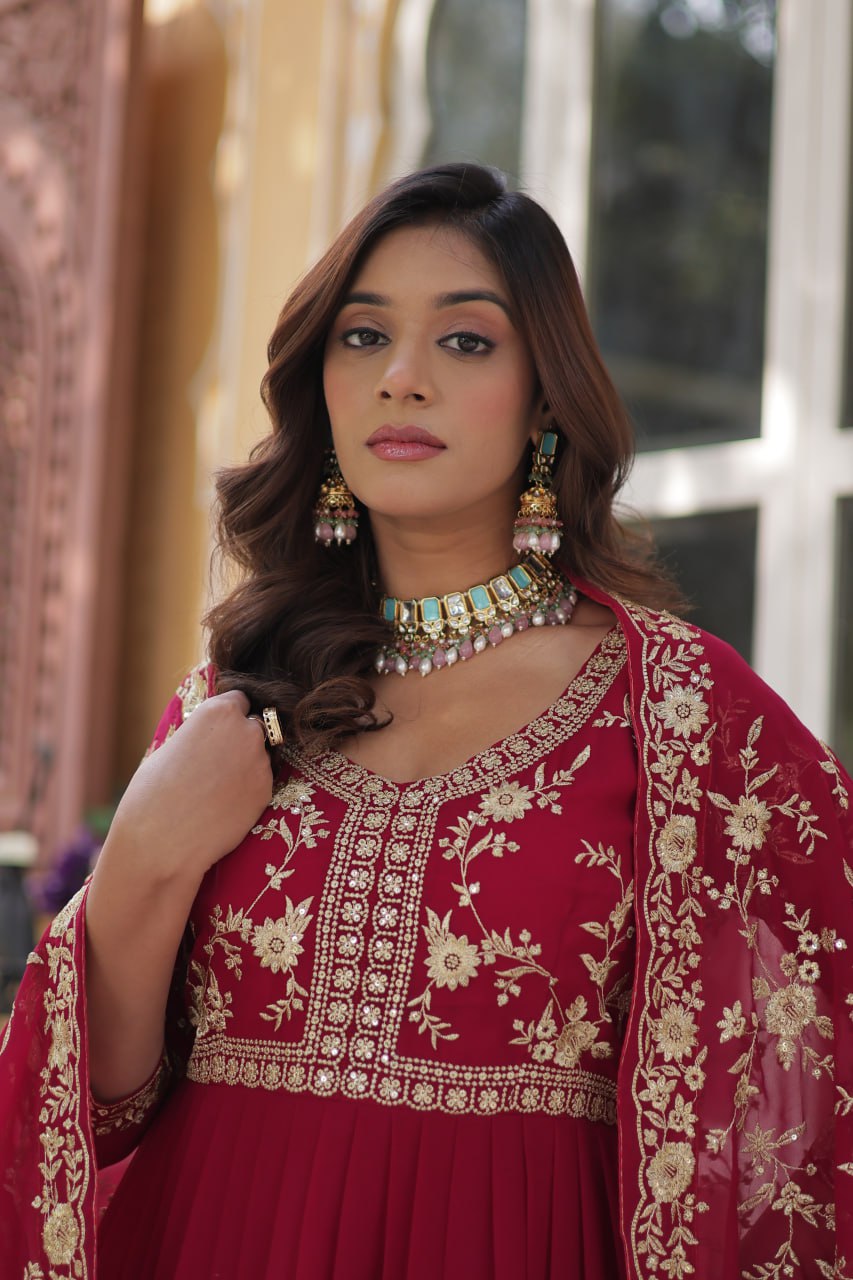 Pink Faux Blooming Multi-Sequins & Zari Embroidered Gown with Dupatta