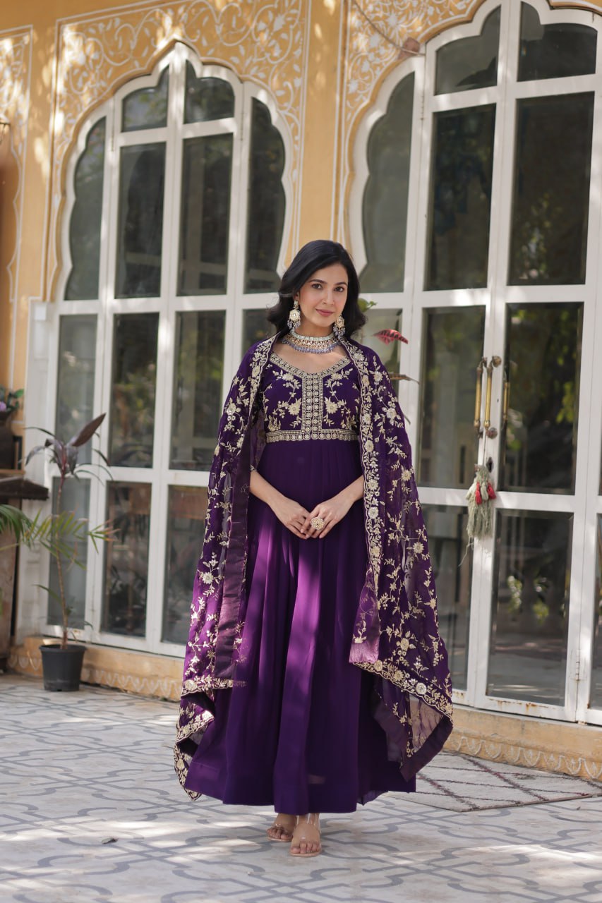 Purple Faux Blooming Multi-Sequins & Zari Embroidered Gown with Dupatta