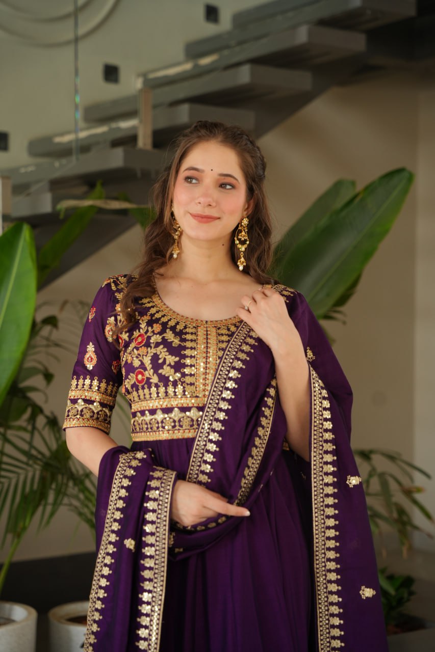 Vichitra Silk Sequins & Zari Embroidered Purple Gown with Dupatta