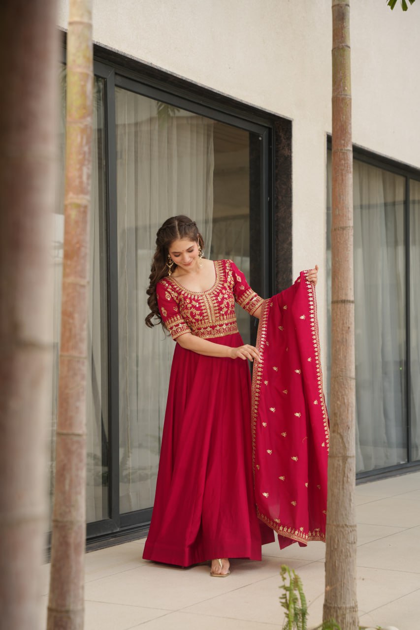 Vichitra Silk Sequins & Zari Embroidered Pink Gown with Dupatta