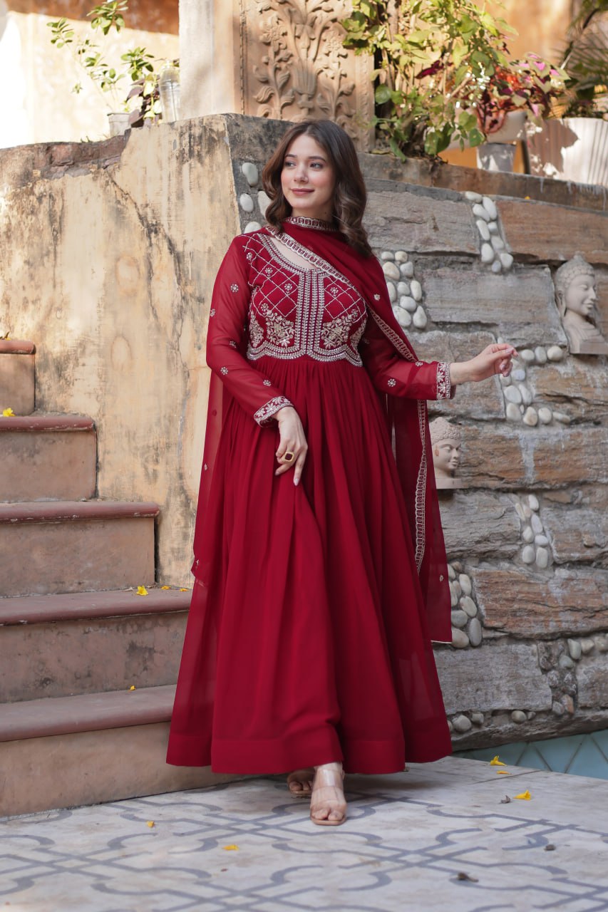 Maroon Faux Blooming Sequins & Beads Embroidered Gown with Dupatta