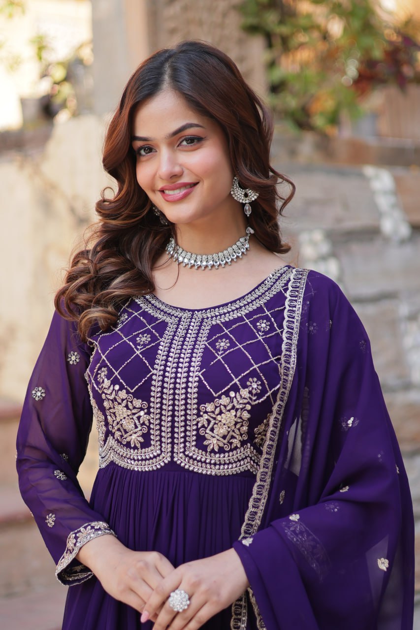 Purple Faux Blooming Sequins & Beads Embroidered Gown with Dupatta