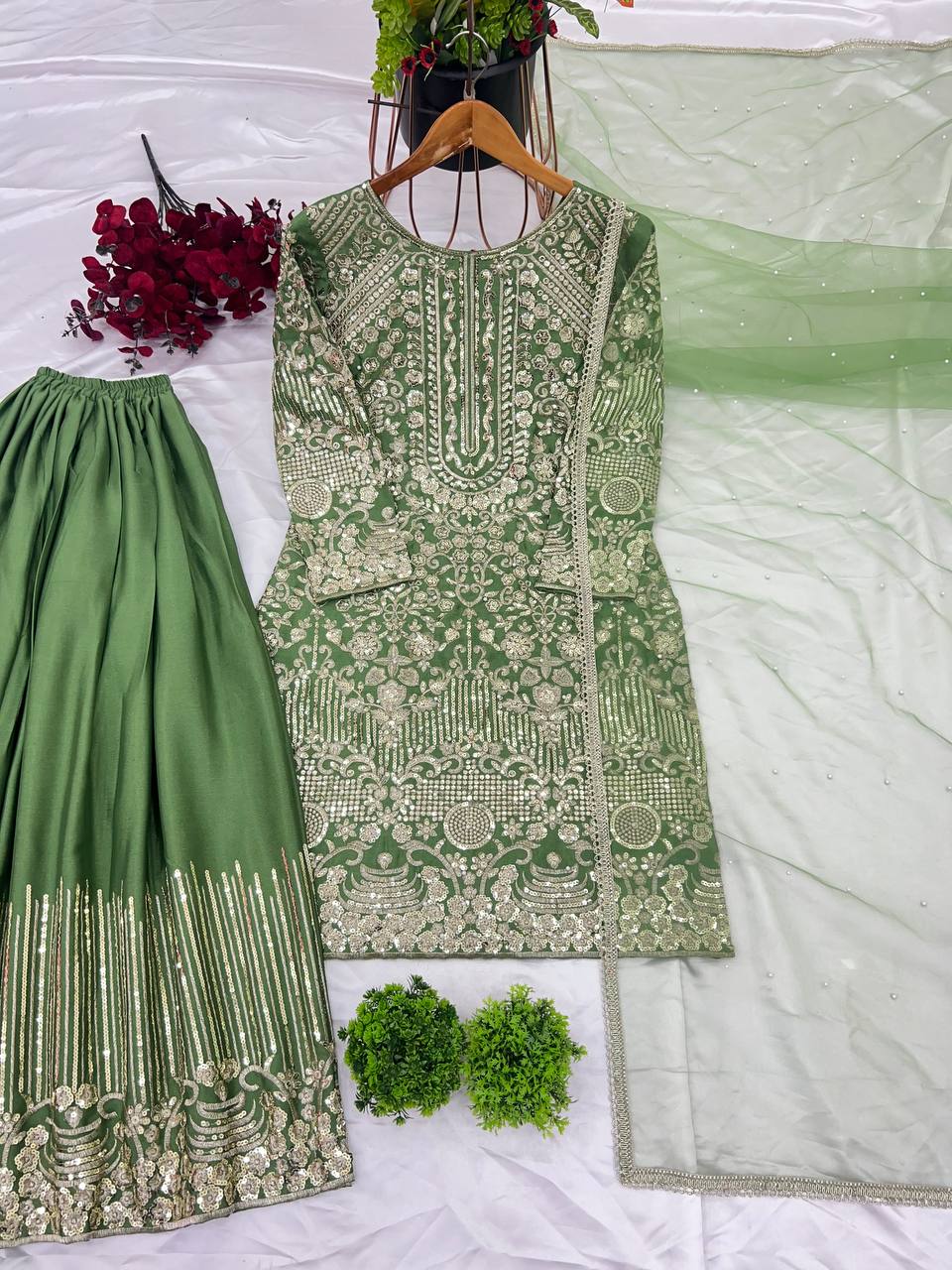 Pure Chinnon Silk Embroidered Sharara Suit with Dupatta – Fully Stitched