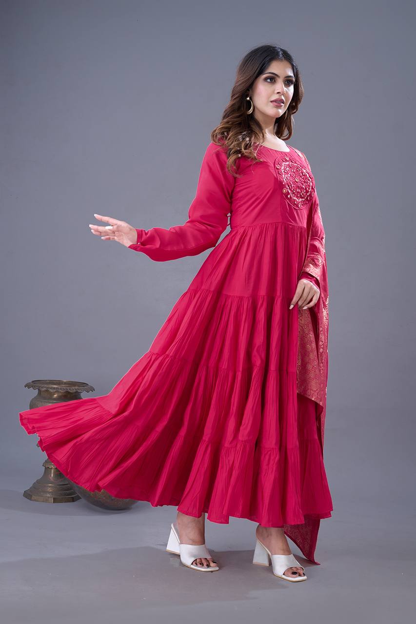 Elegant Rani Pink Roman Silk Gown Set | Festive & Wedding Wear