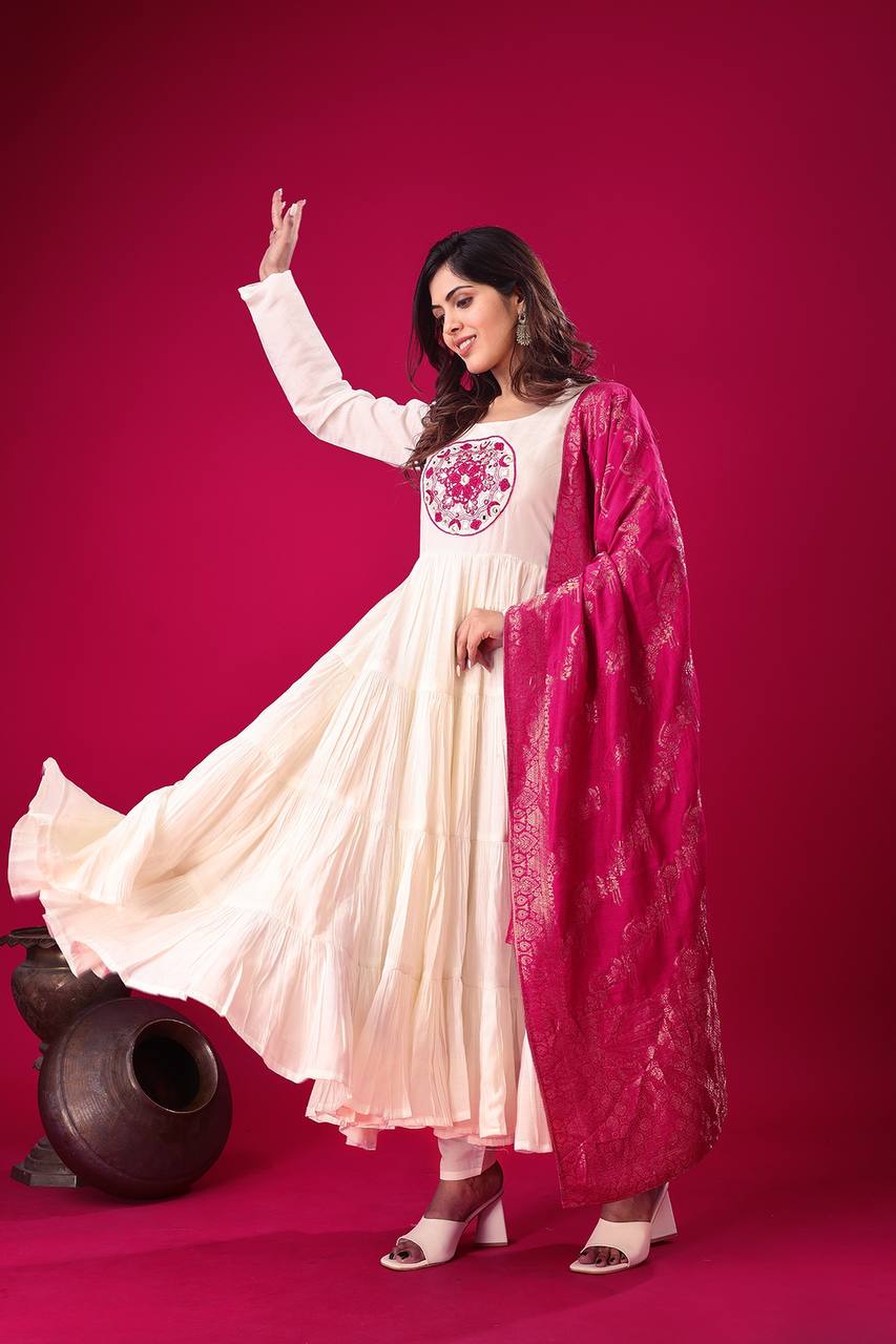 Elegant Off White Roman Silk Gown Set | Festive & Wedding Wear