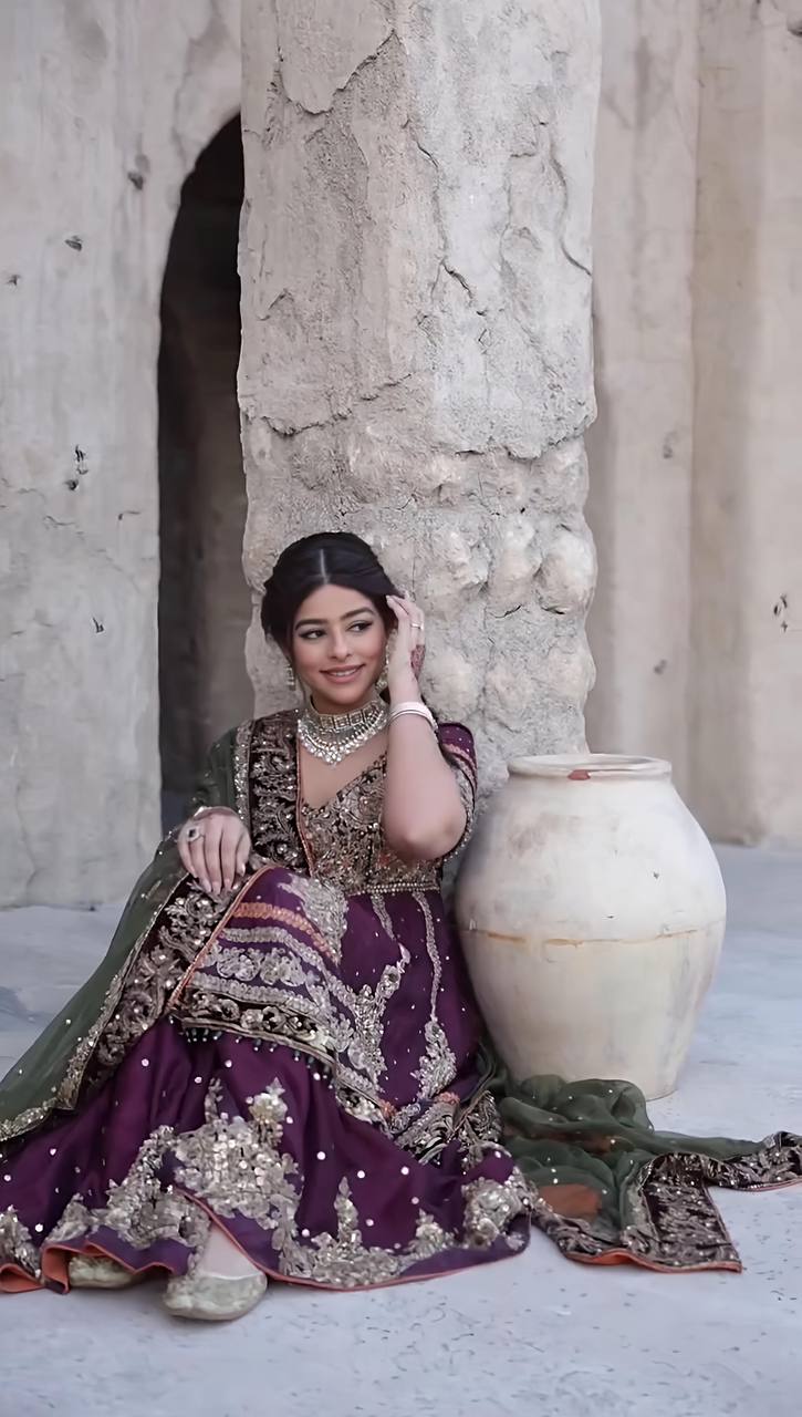 Faux Georgette Embroidered Purple Sharara Set with Dupatta – Full Stitched