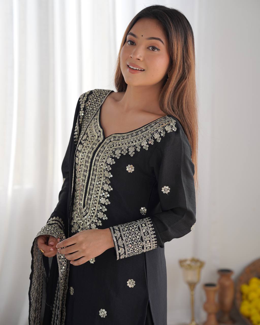Pure Chinnon Silk Embroidered Sharara Set with Dupatta – Fully Stitched Party Wear