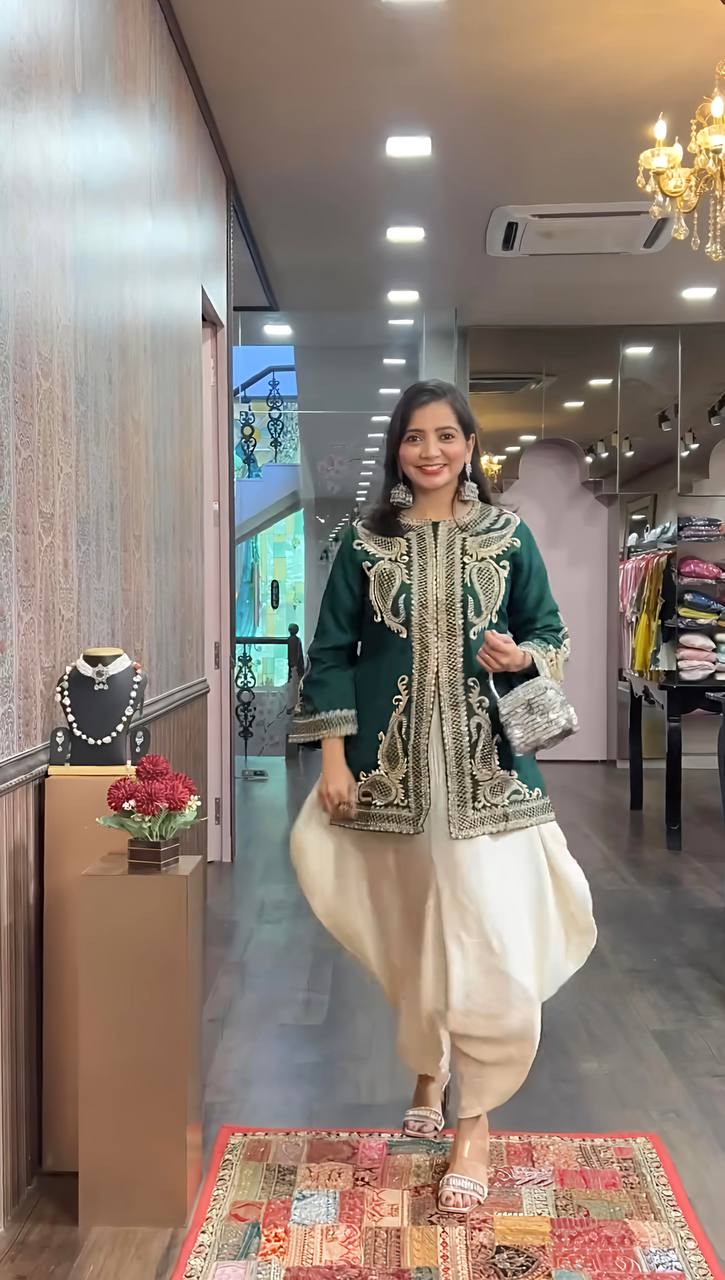 Heavy Green Chinon Silk Embroidered Dhoti Style Suit with Rivet Moti Dupatta – Fully Stitched