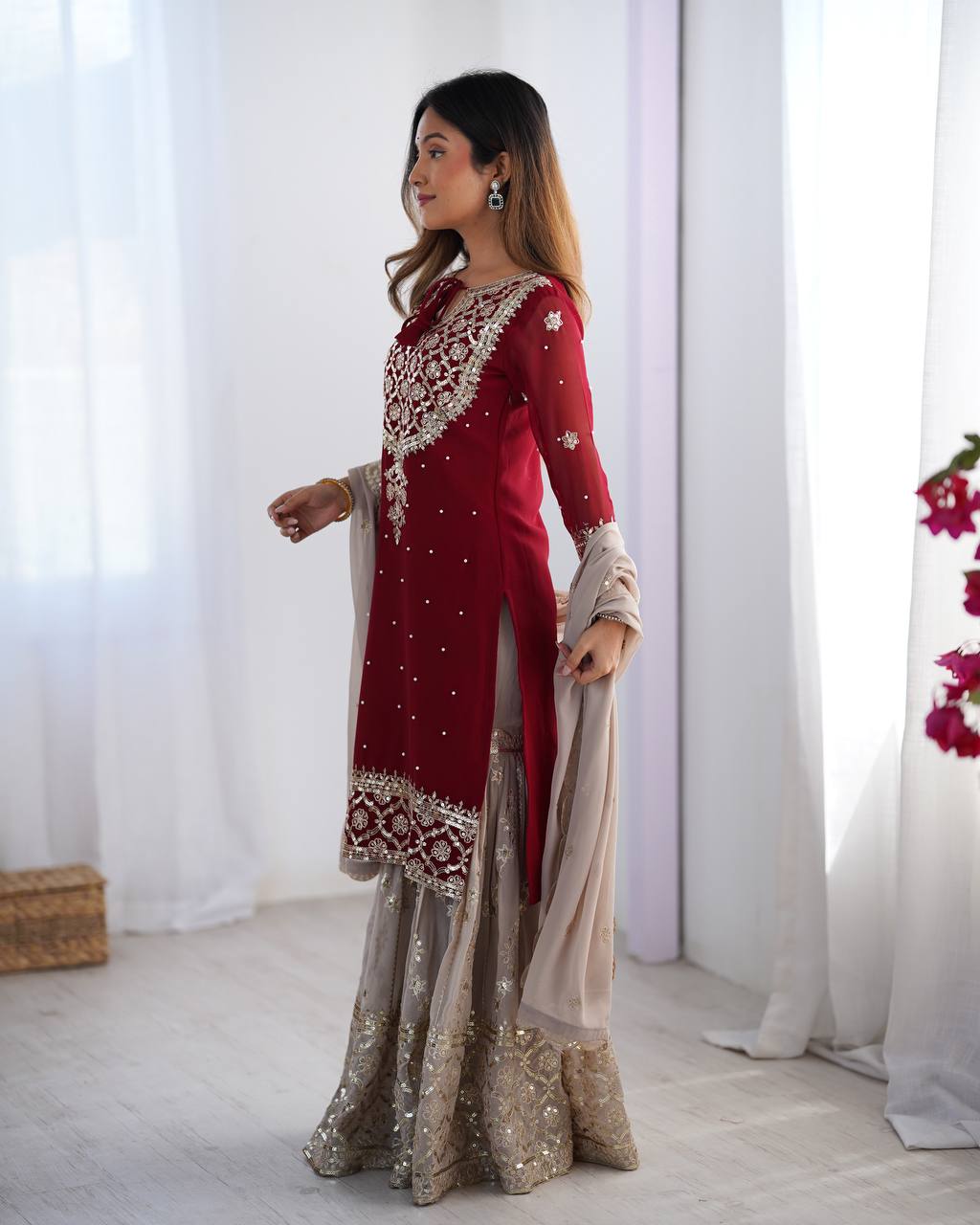 Heavy Maroon Faux Georgette Sharara Suit with 5mm Embroidery Sequence – Fully Stitched Set