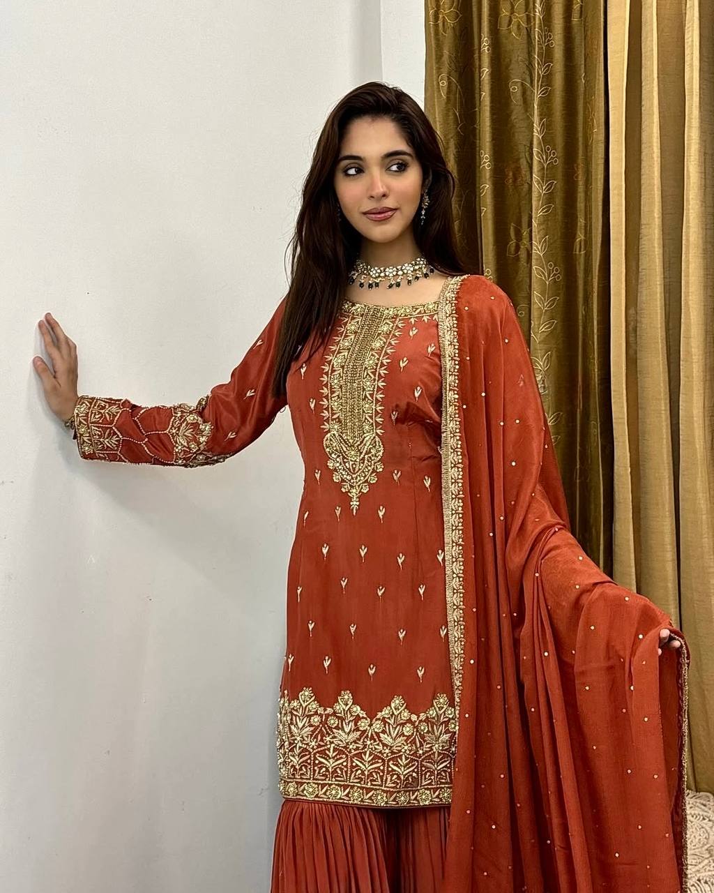 Pure Simmer Silk Sharara Suit with Embroidery & Moti Work – Fully Stitched