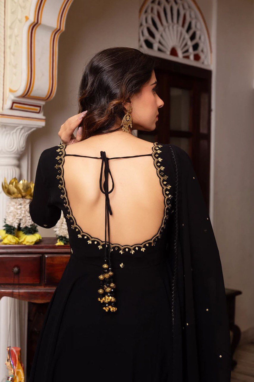 Black Faux Georgette Handwork Suit Set with Rivet Moti Dupatta – Fully Stitched
