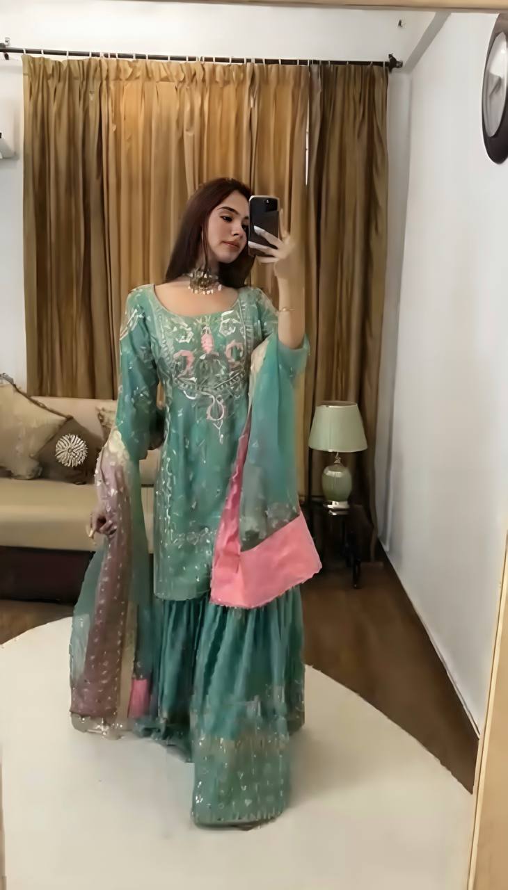 Heavy Chinnon Silk Sharara Suit with Embroidery Sequence Work and Net Dupatta