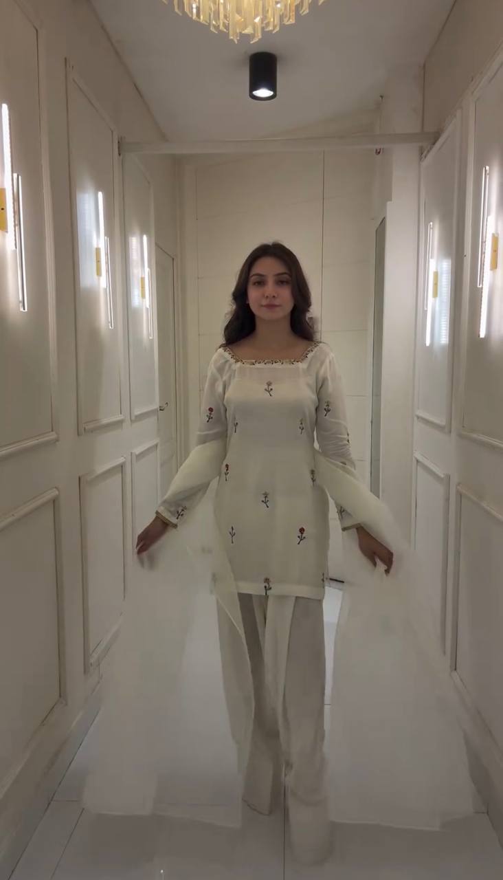 White Chinnon Silk Embroidered Top with Farshi Pant and Organza Silk Dupatta