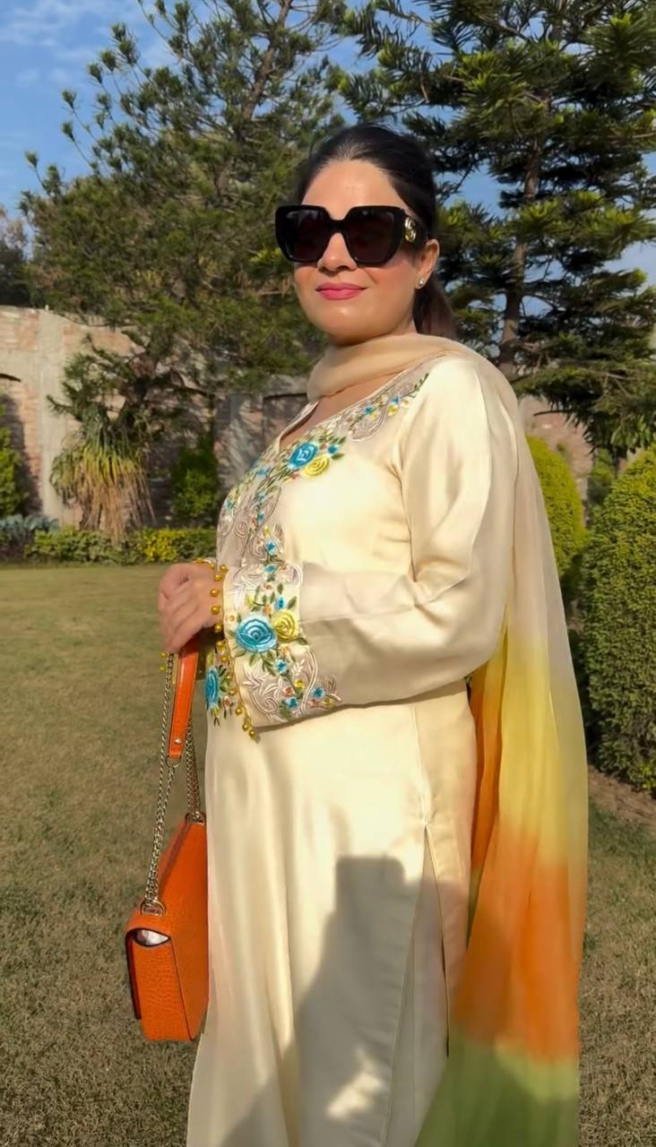 Moss Satin Embroidered Top with Pant and Organza Silk Dupatta