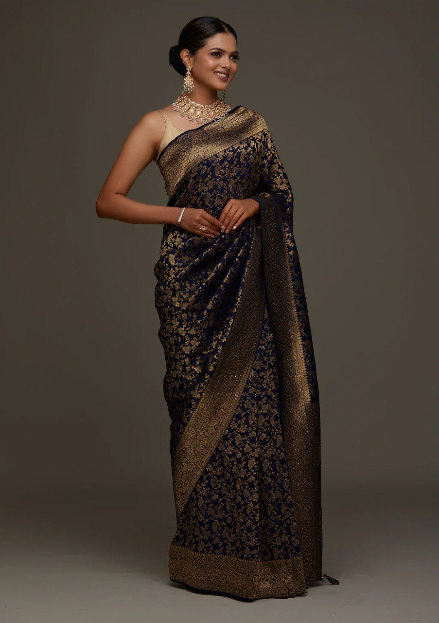 Banarasi Navy Blue Soft Silk Saree with Jacquard Border Blouse